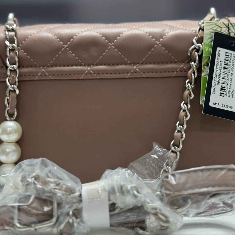 Badgley Mischka Light Brown Quilted Pearl Crossbody Bag